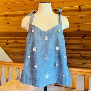 J. Crew Women's White Floral Bead Embellished Blue Cotton Sleeveless Top Size 4